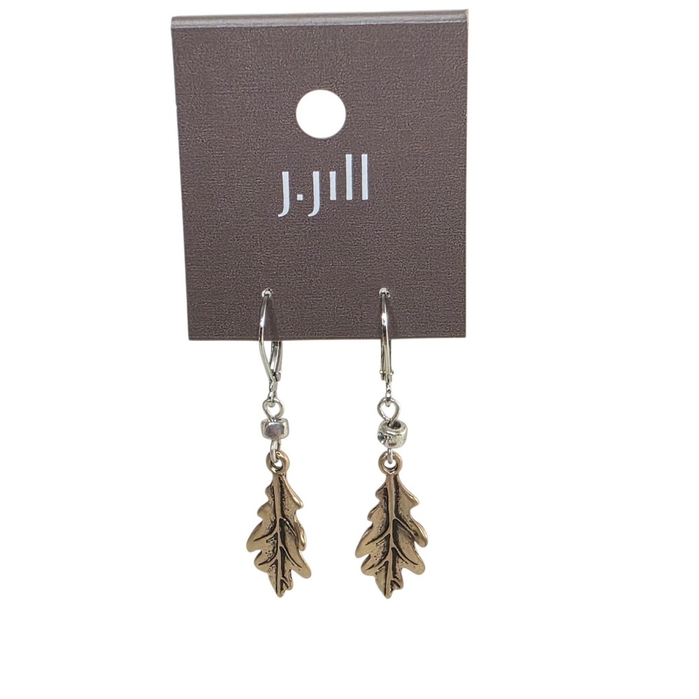 J Jill Silver Tone Gold Tone Oak Leaf Dangle Hoop Earrings Fall Fashion‎ NWT